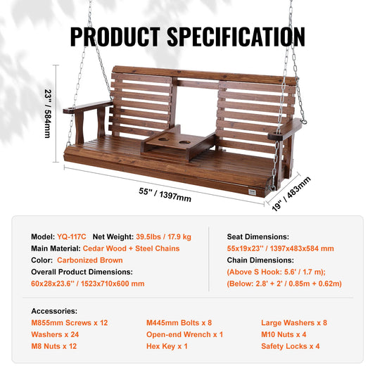 SucceBuy Wooden Porch Swing Outdoor Patio Garden 880 Lb Capacity