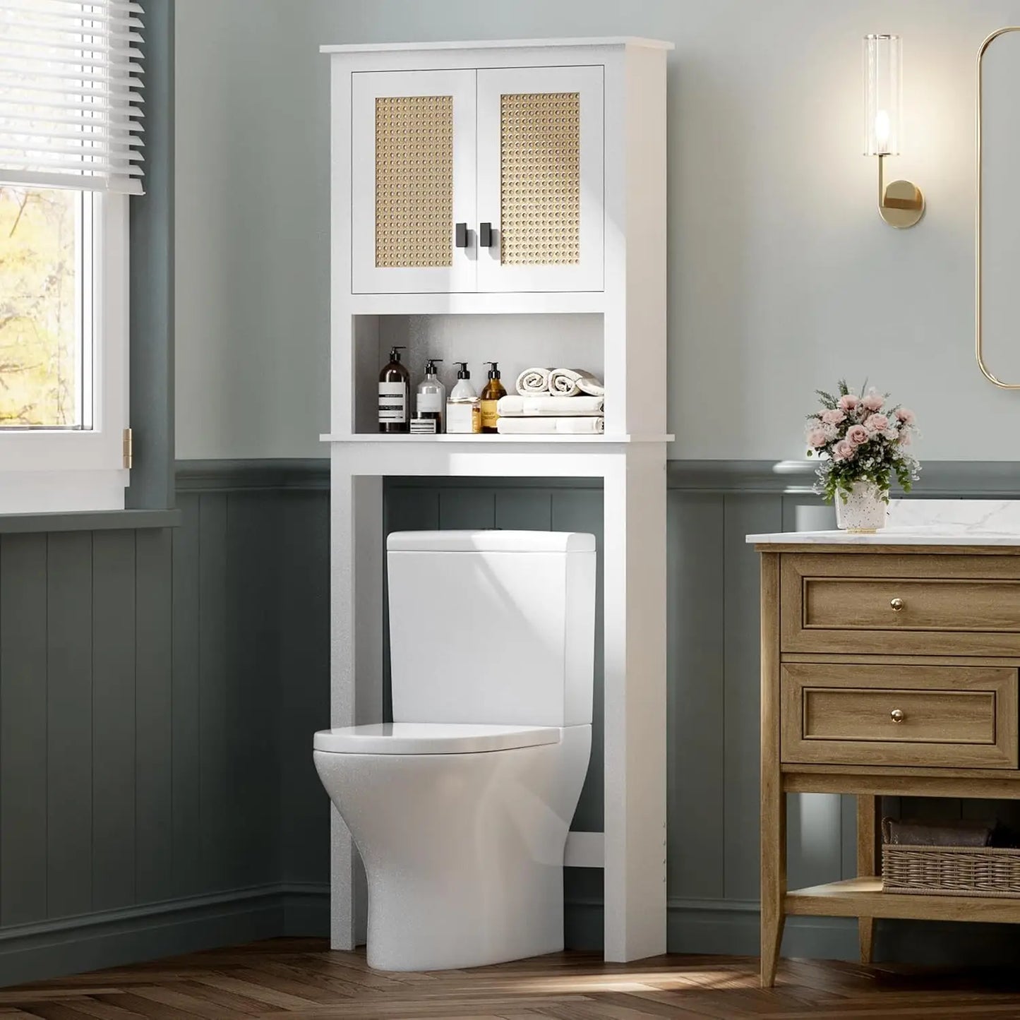 Farmhouse Over Toilet Storage Cabinet With Natural Rattan Doors