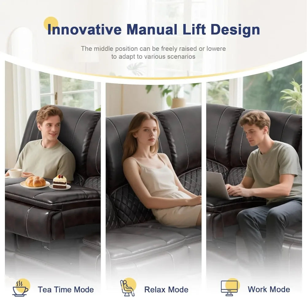 3 Seater Recliner Sofa with Liftable Console, USB Ports & Cup Holders, Manual PU Leather for Living Room/RV