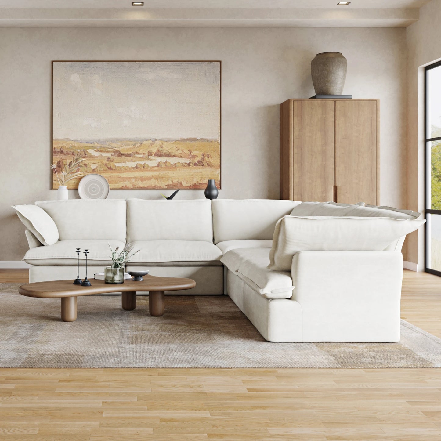 L Shape Corner Sectional Couch  Breathable Linen Cloud Couches Down Fill Convertible Modular Sectional Sofas for Living Room