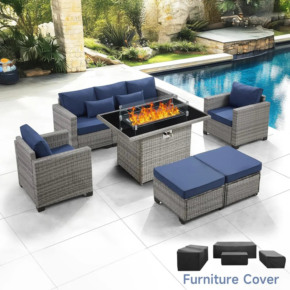 6-Piece Outdoor Patio Set with Fire Pit Table, PE Rattan Furniture & Cover, 60000 BTU Propane Heater (Royal Blue)