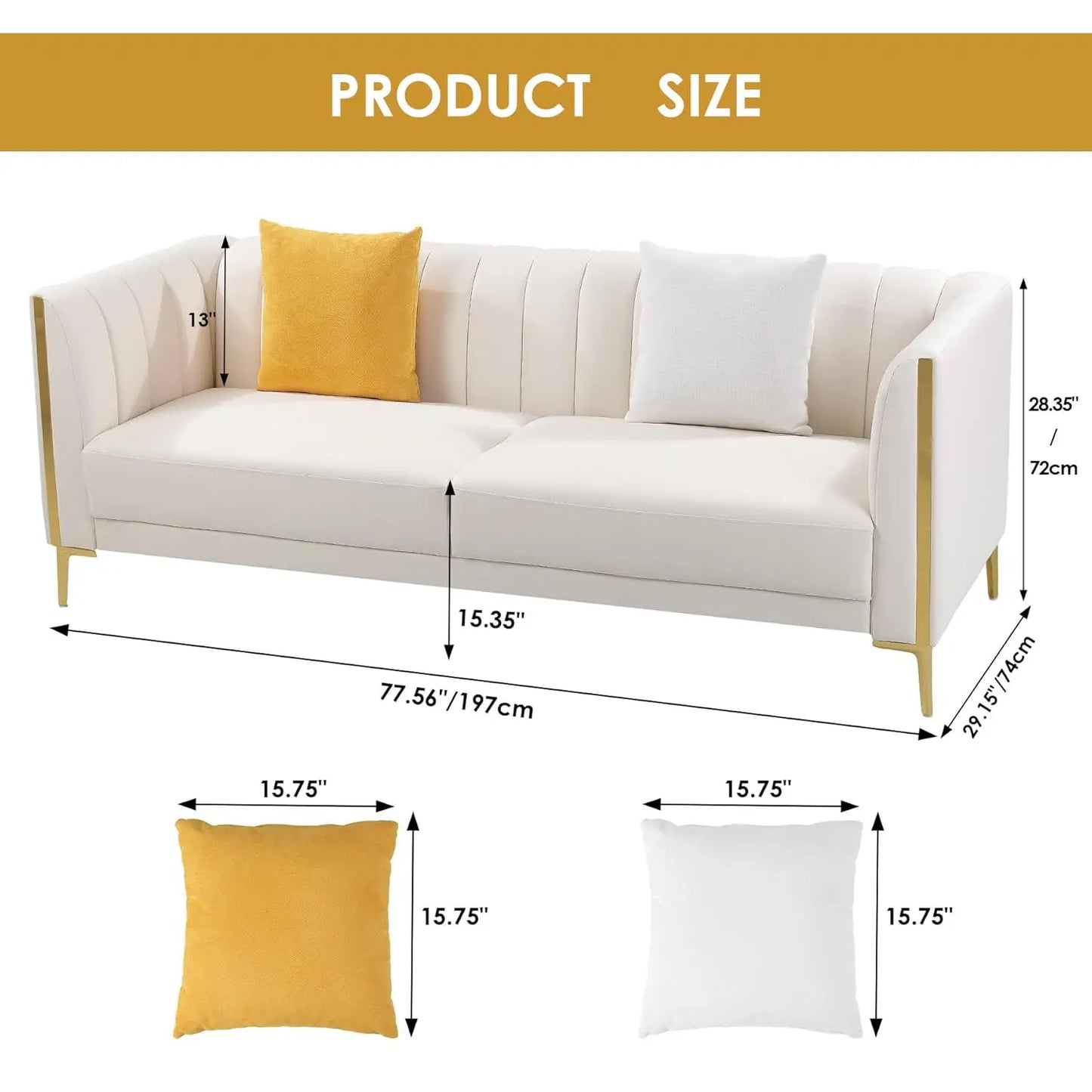 78in White Faux Leather Sofa 3 Seater Gold Metal Legs Deep Seat Living Room with 2 Pillows, Customized
