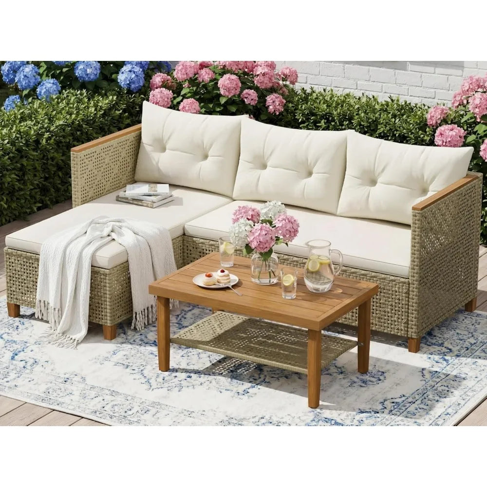 Wicker Patio Furniture Set 3 Pieces Outdoor Sofa Tufted Pillow