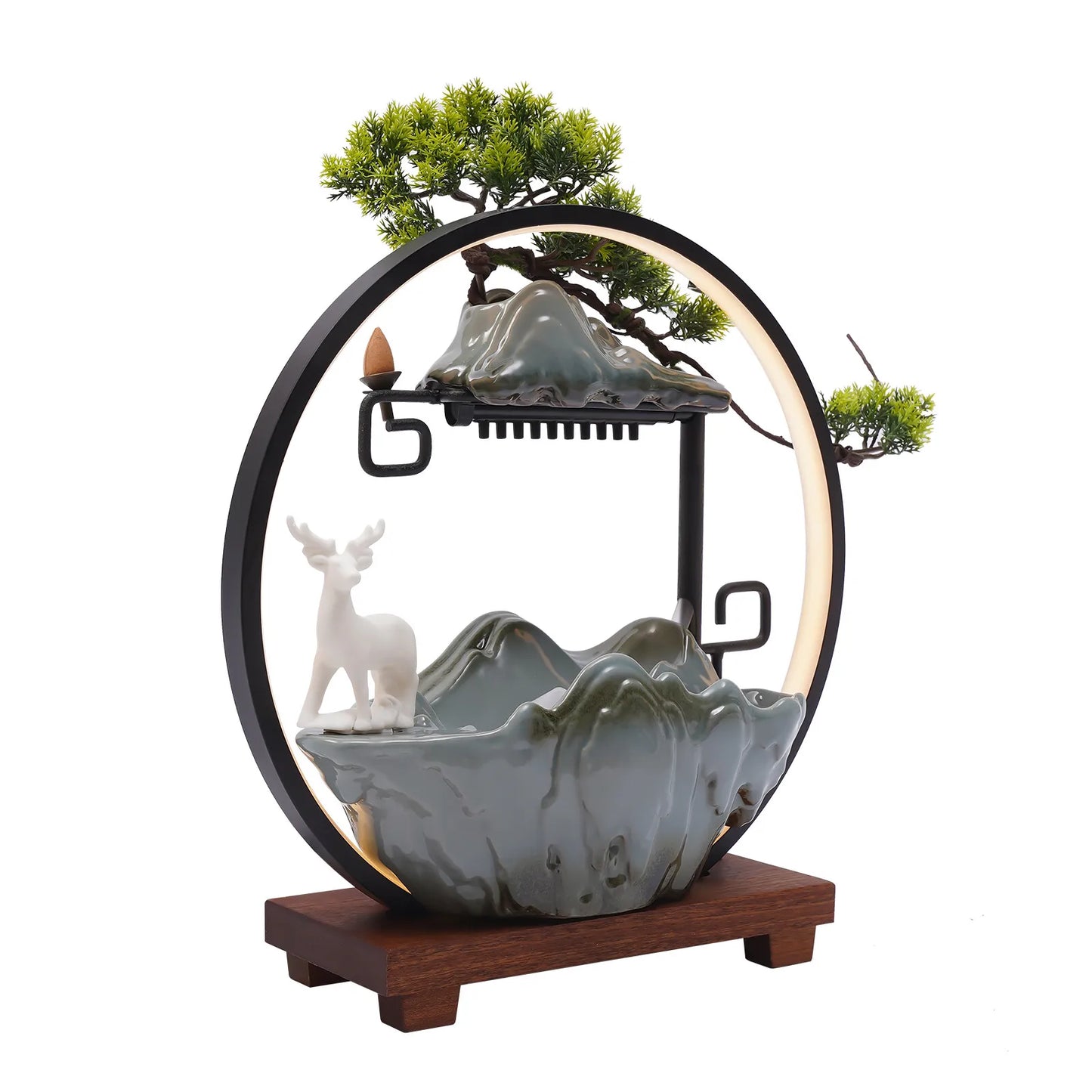 Ceramic Tabletop Fountain With Mist Pine Branches And LED Deer
