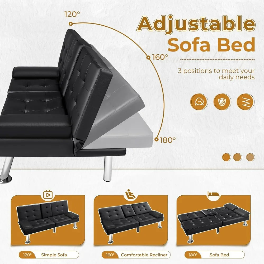 Futon Sofa Bed Faux Leather Couch With Cup Holders