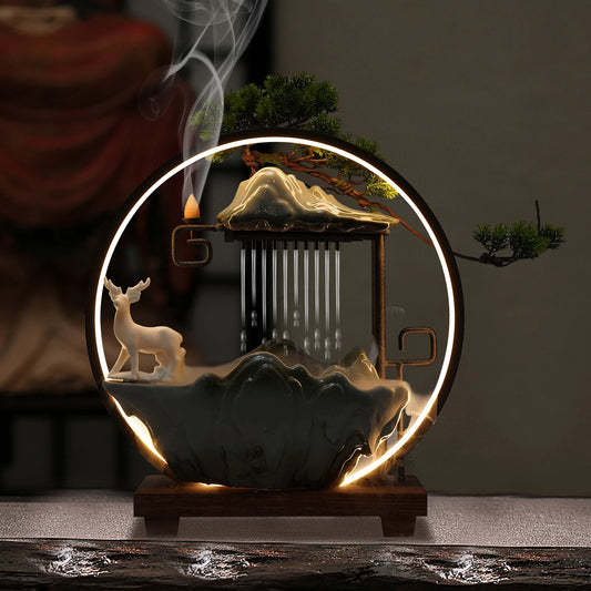 Ceramic Tabletop Fountain With Mist Pine Branches And LED Deer