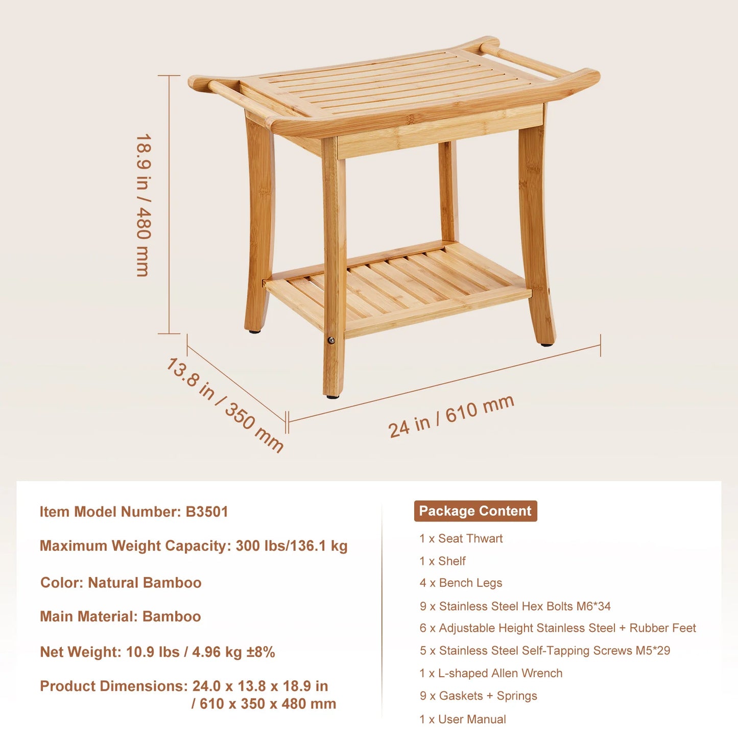 SucceBuy Bamboo Shower Bench Waterproof Shower Stool With Storage Shelf 330lbs