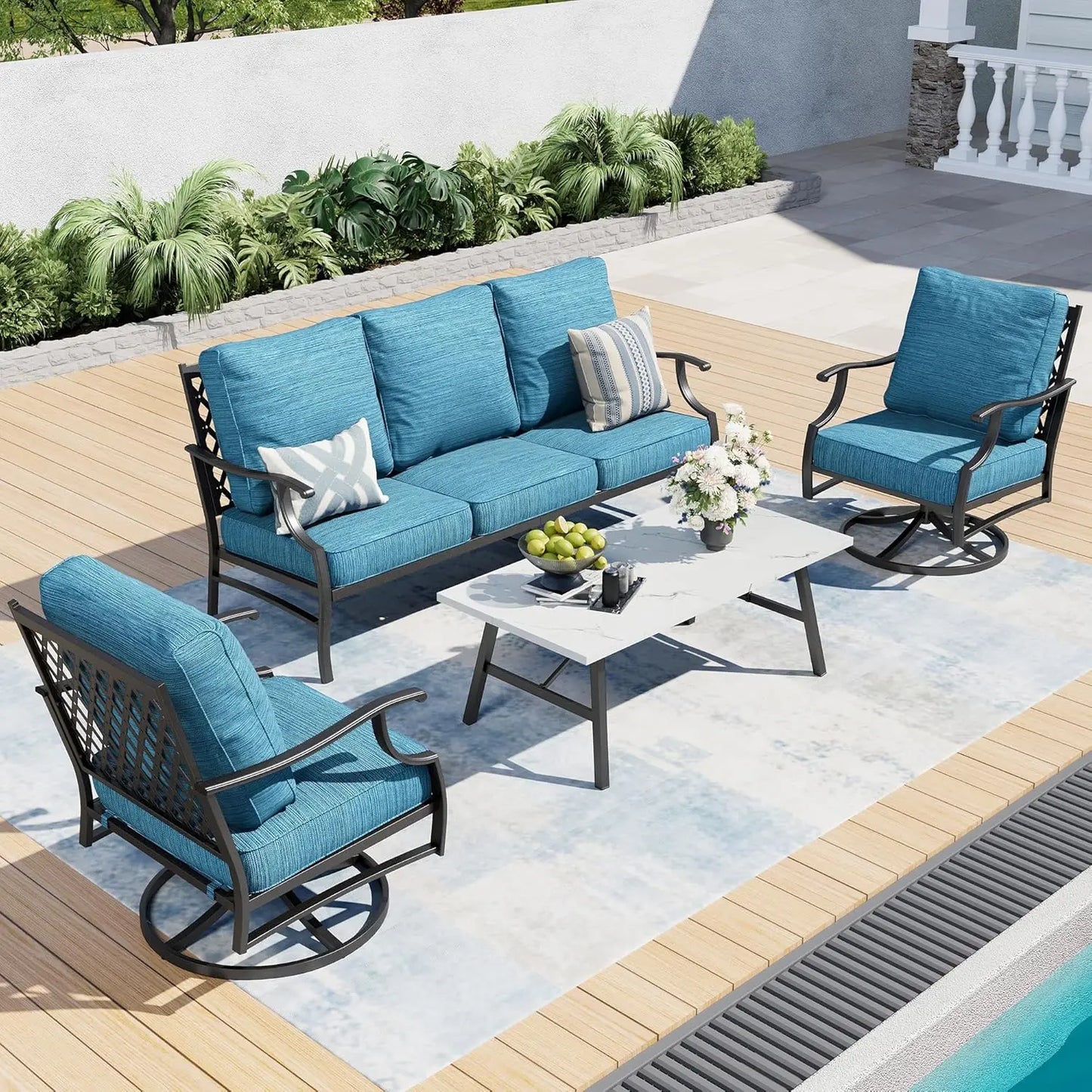 4 Piece Metal Outdoor Patio Furniture Set, Patio Conversation Sets 1 3-seater Sofa, 2 Swivel Chair with 5.75" Extra, Customized