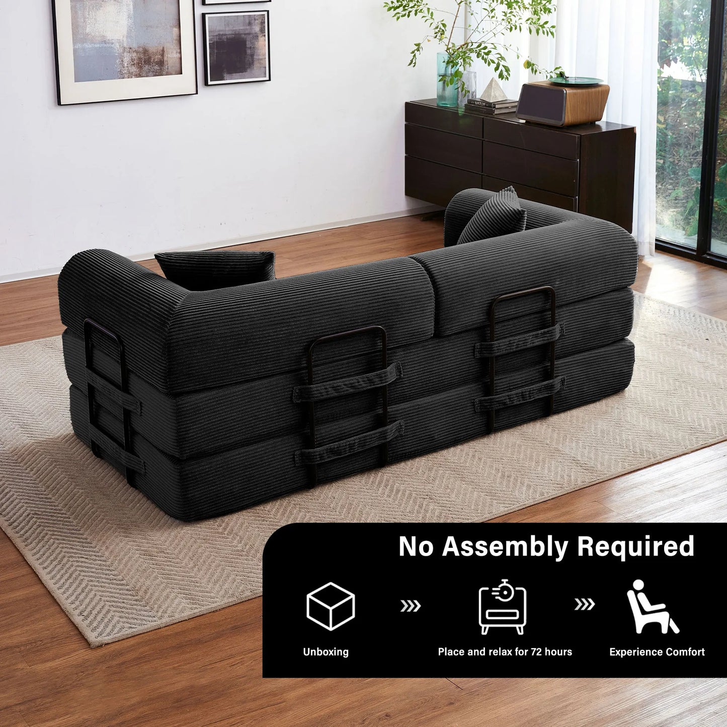 Foldable Convertible Futon Sofa Bed With L Shaped Armrests