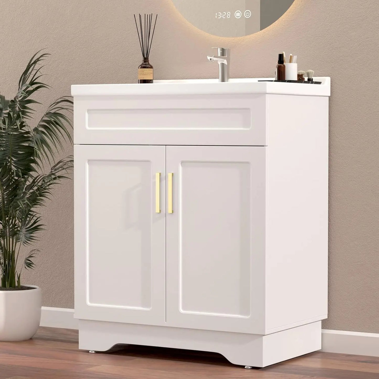 Bathroom Vanity With Ceramic Sink Wooden Cabinet Large Storage