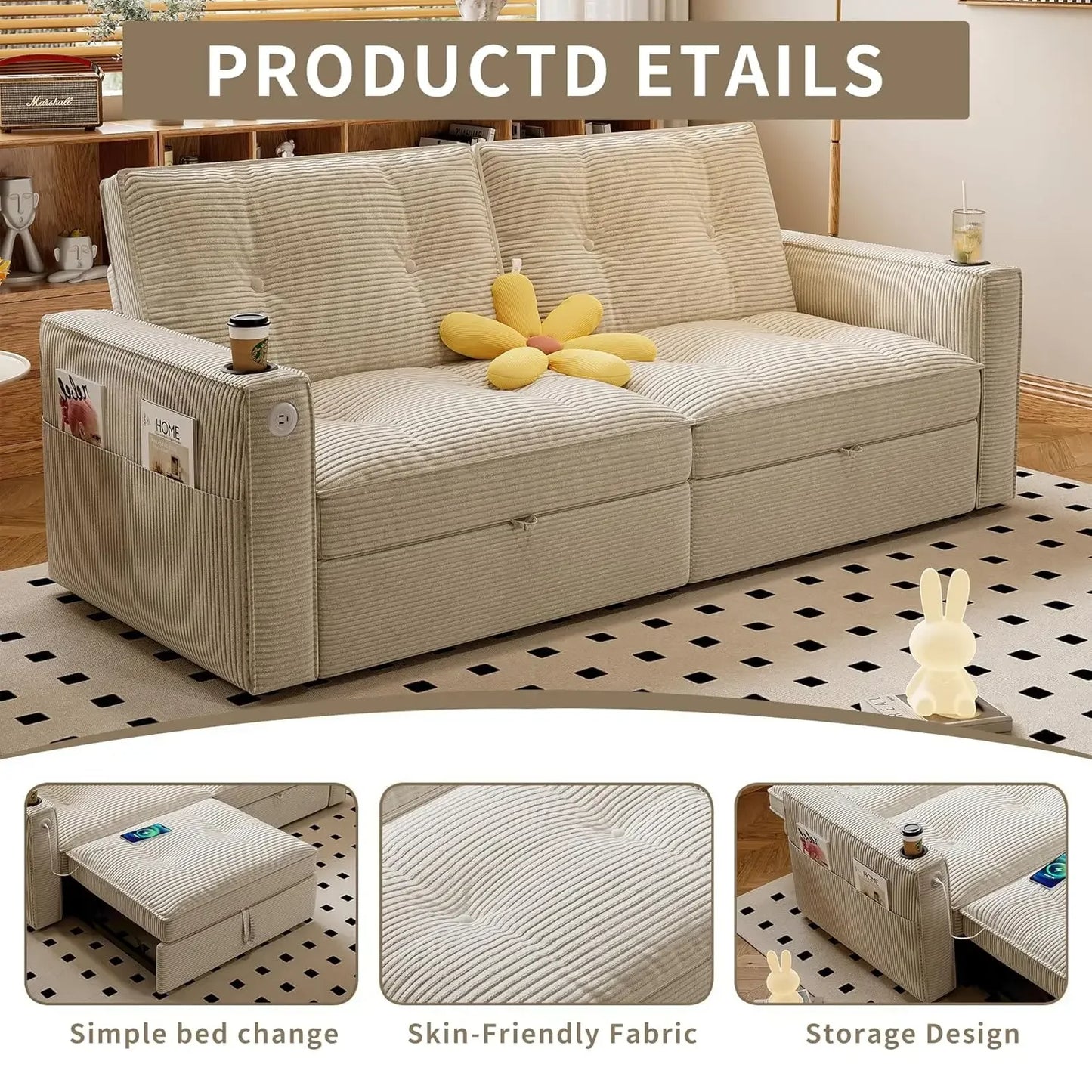Guangbai Modern Seater Sofa Bed With USB Ports Pockets