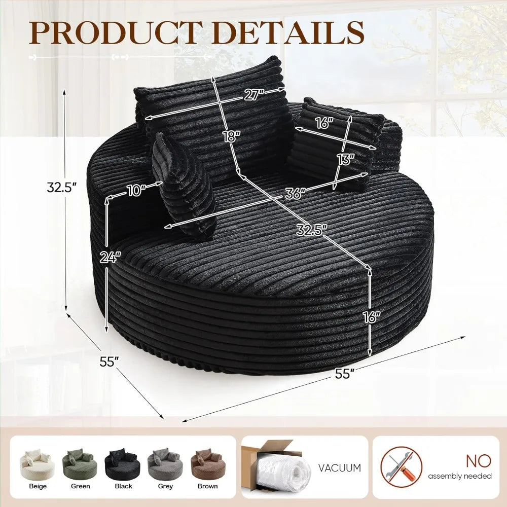 Corduroy Round Chaise Lounge Chair With Deep Seat Cloud Sofa For Living Room