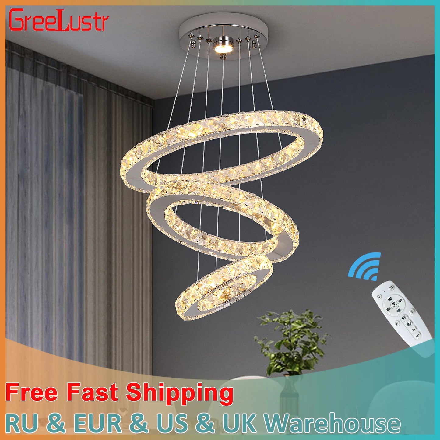 GreeLustr Modern Pendant Crystal Chandelier Ring Lighting Fixture