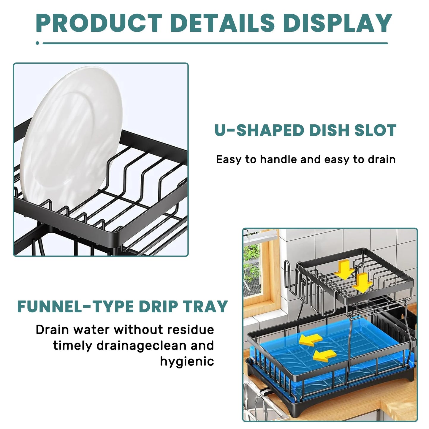 2-Tier Dish Drying Rack For Kitchen Countertops With Removable Tray