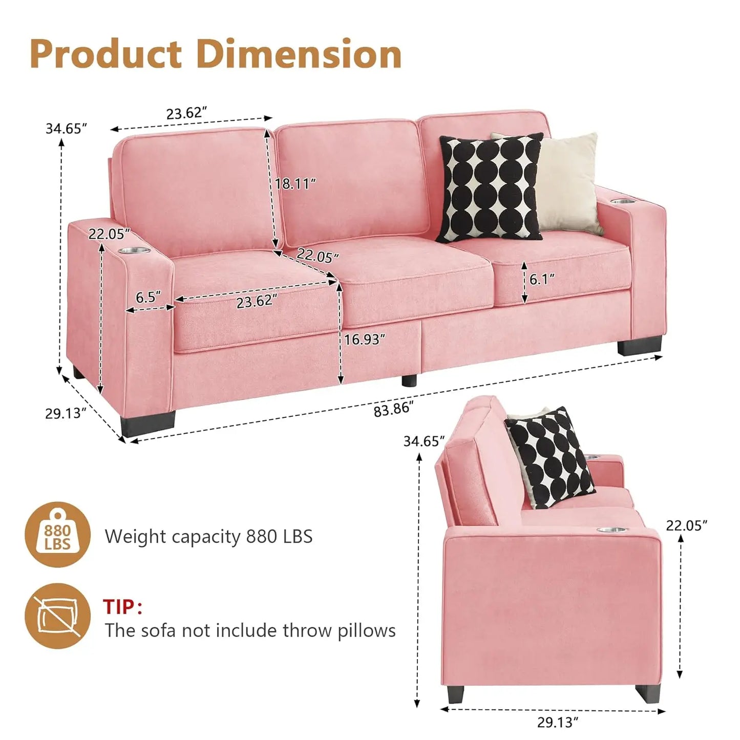 Snowfleece 3 Seater Upholstered Sofa With Cup Holders