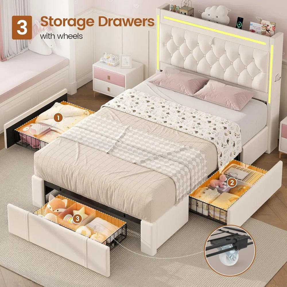 LED Bed Frame With Storage Drawers And Velvet Headboard Charging Station