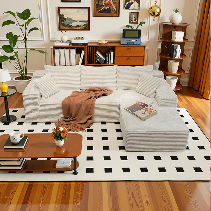 L-Shaped Living Room Sofa Bed Convertible In Corduroy Fabric No Assembly