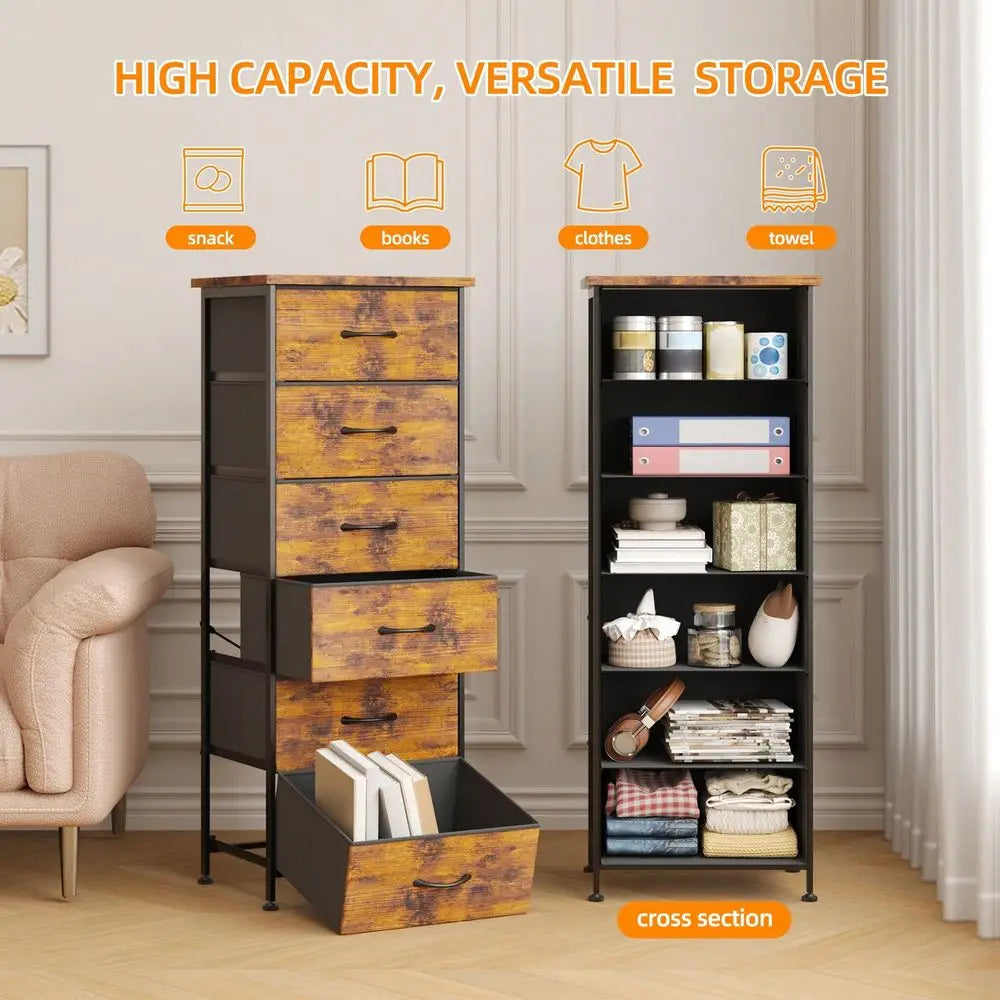 Six Drawer Nightstand Fabric Dresser For Bedroom Storage