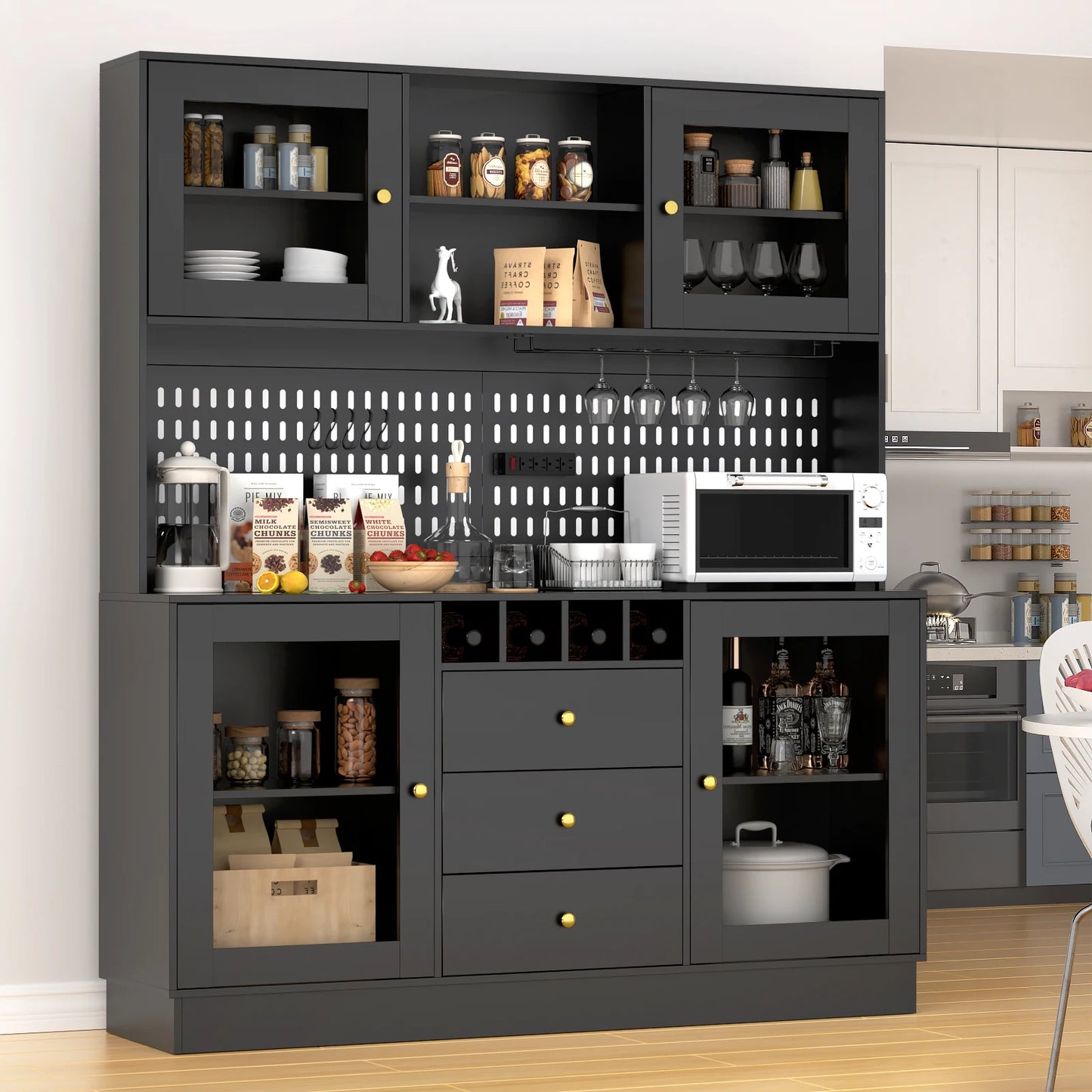 VOWNER Pantry Cabinet Freestanding Kitchen Storage Pegboard Power Outlet