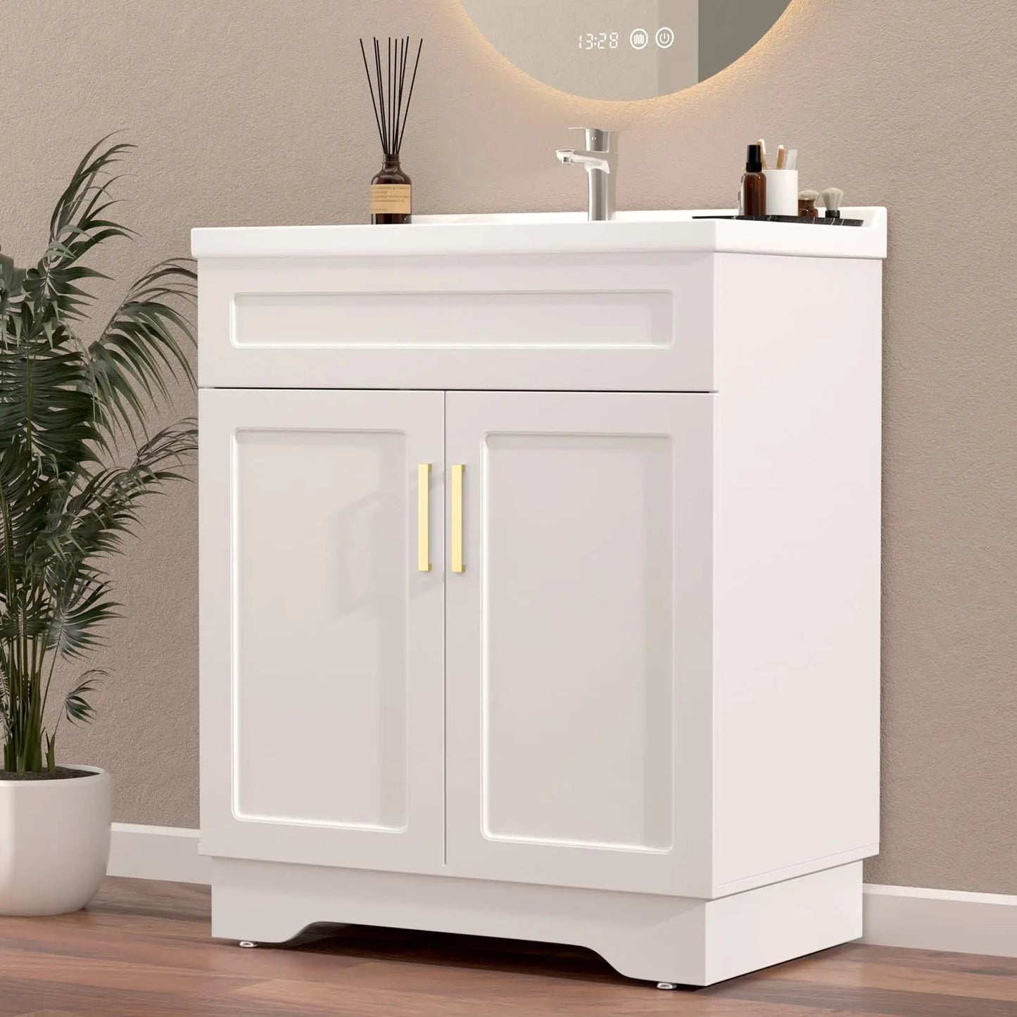 Bathroom Vanity With Ceramic Sink Wooden Cabinet Large Storage