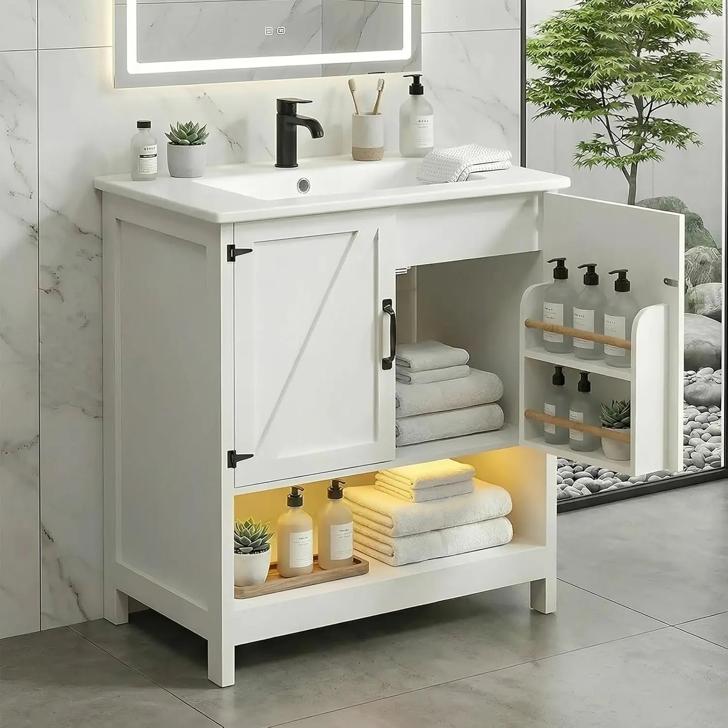 Freestanding Bathroom Vanity With Sink And RGB LED Lighting