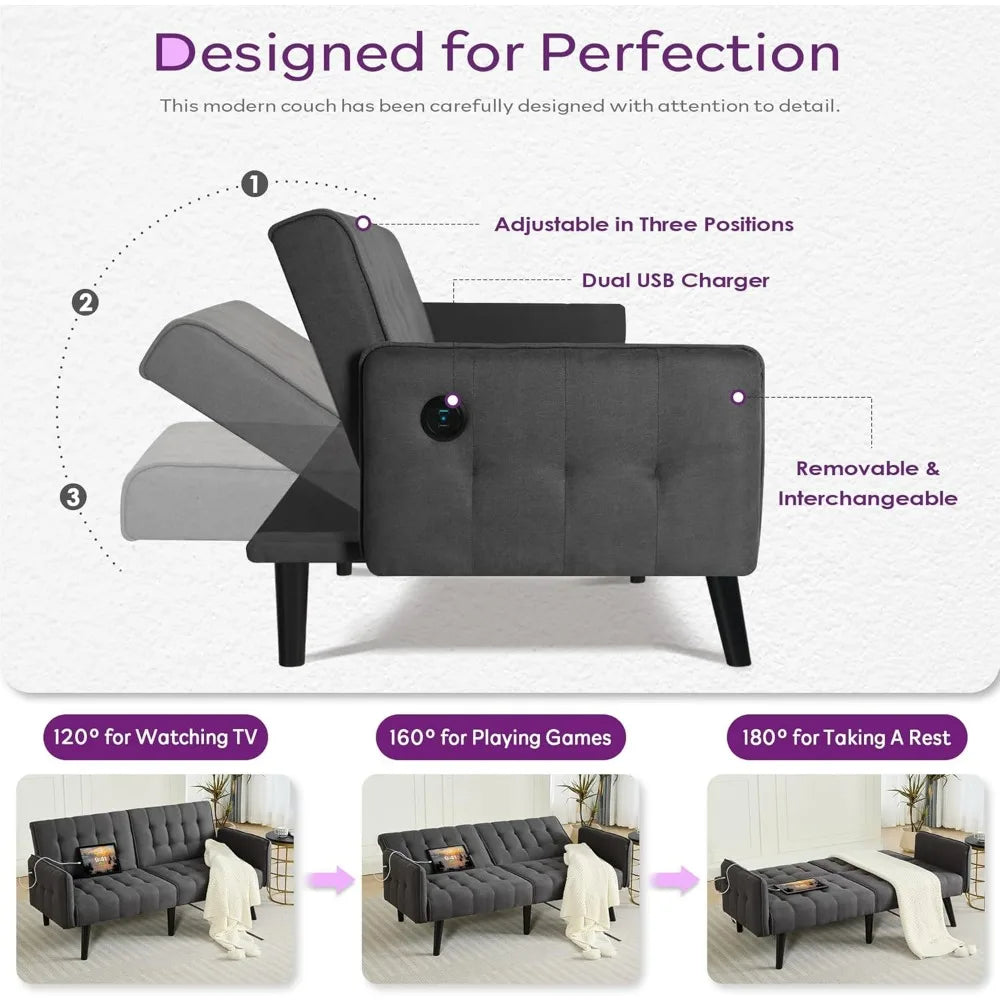Futon Sofa Bed With USB Tufted Upholstered Loveseat Modern Mid Century