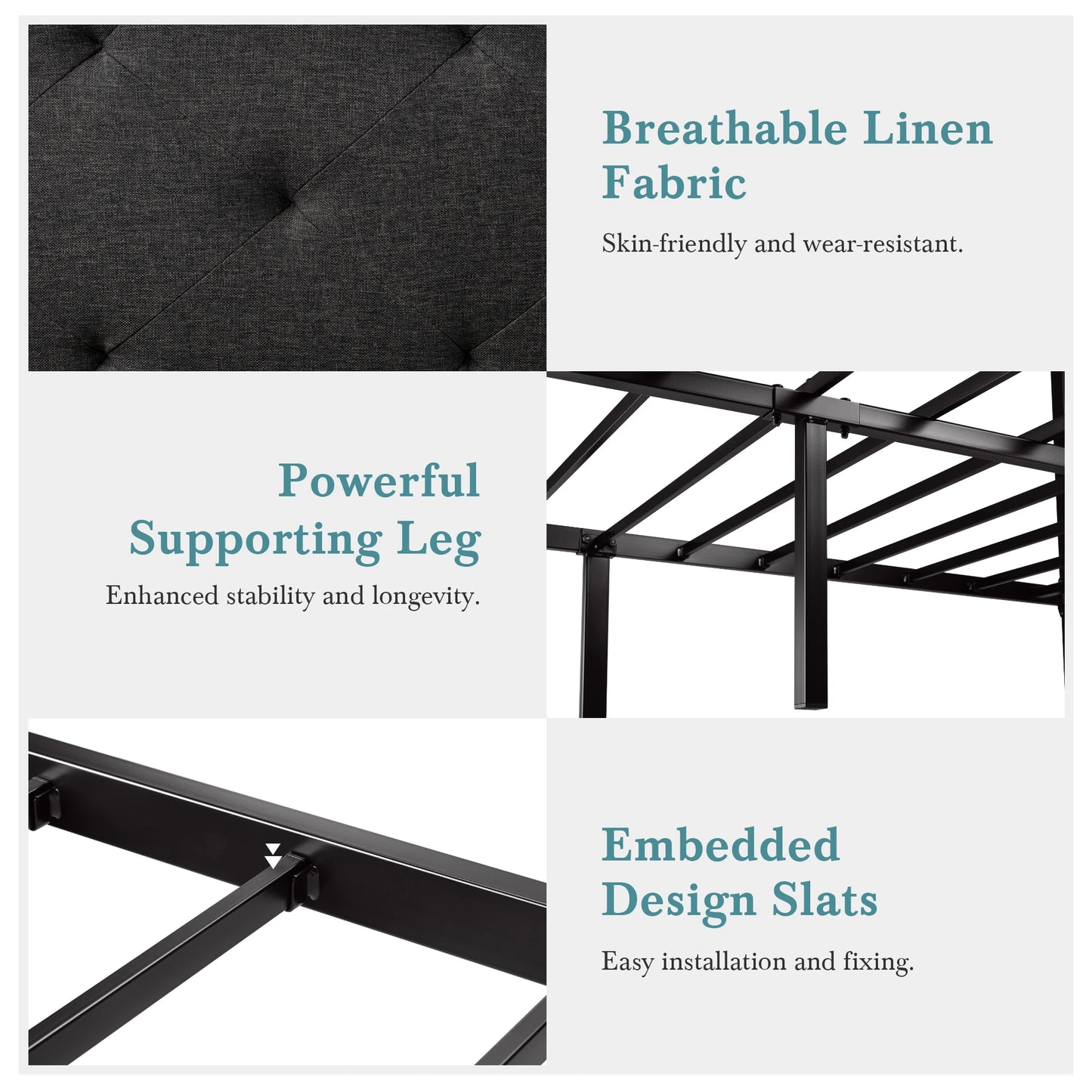 HOOMIC Metal Bed Frame With Upholstered Headboard Linen Fabric