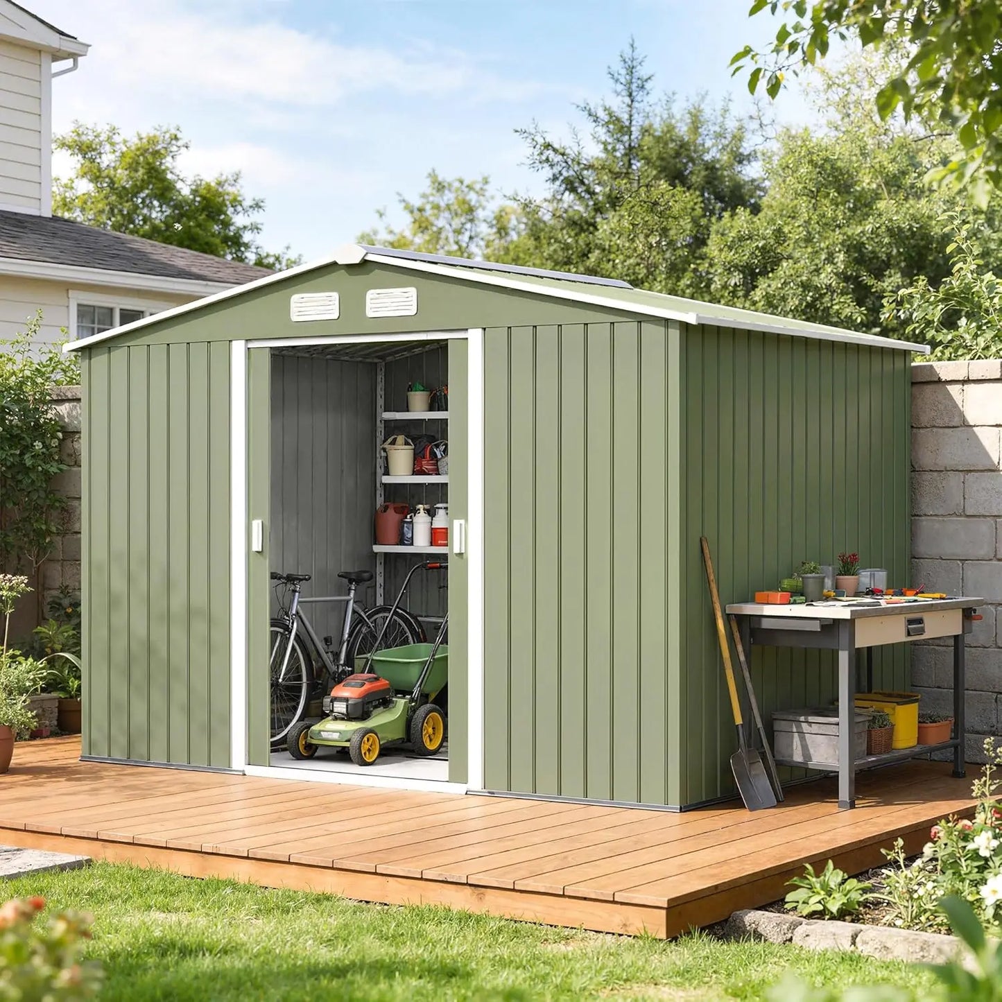 GELU Metal Storage Shed With Foundation Kit And Lockable Doors