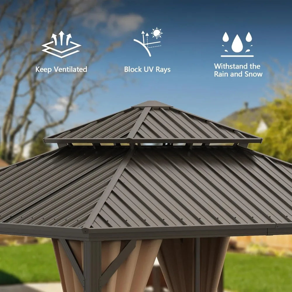 DUOFU Outdoor Gazebo With Galvanized Steel Hardtop Netting And Curtains