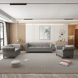 DAFIFY Velvet Chesterfield Sofa Loveseat Chair Set For Living Room