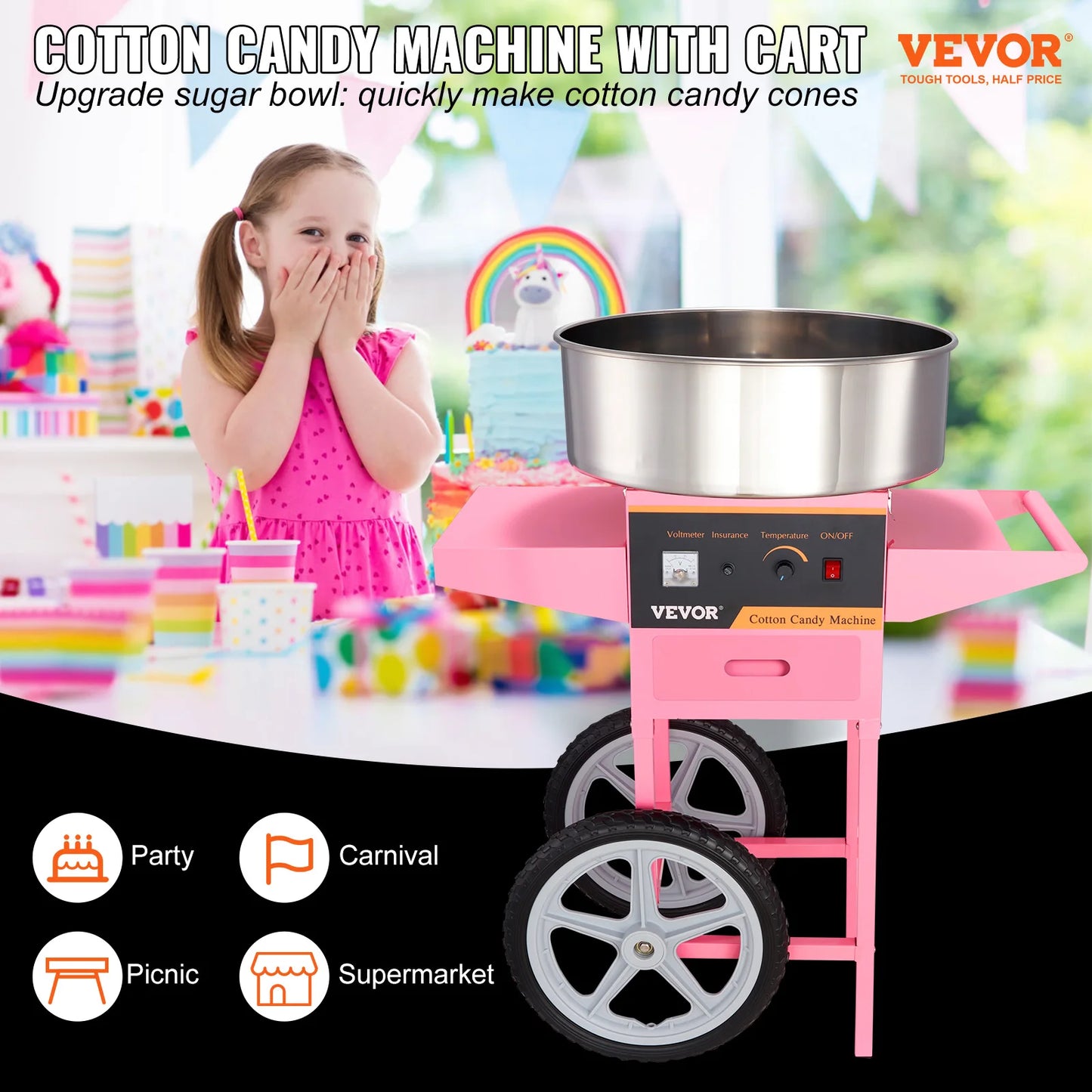 Succebuy Electric Cotton Candy Machine With Cart Stainless Steel Bowl