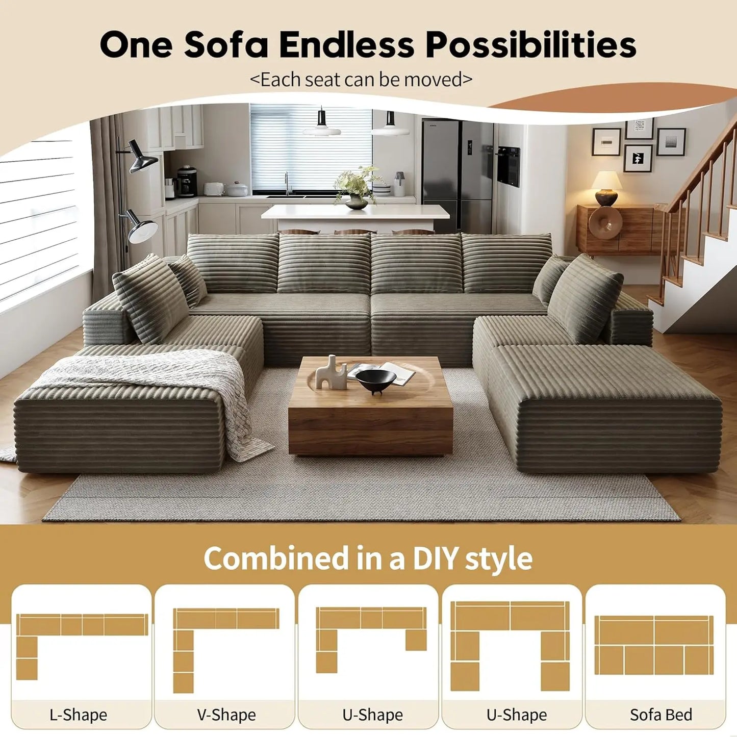 YQXHCN Cloud Modular Sectional Sofa With Ottoman Comfort U Shaped