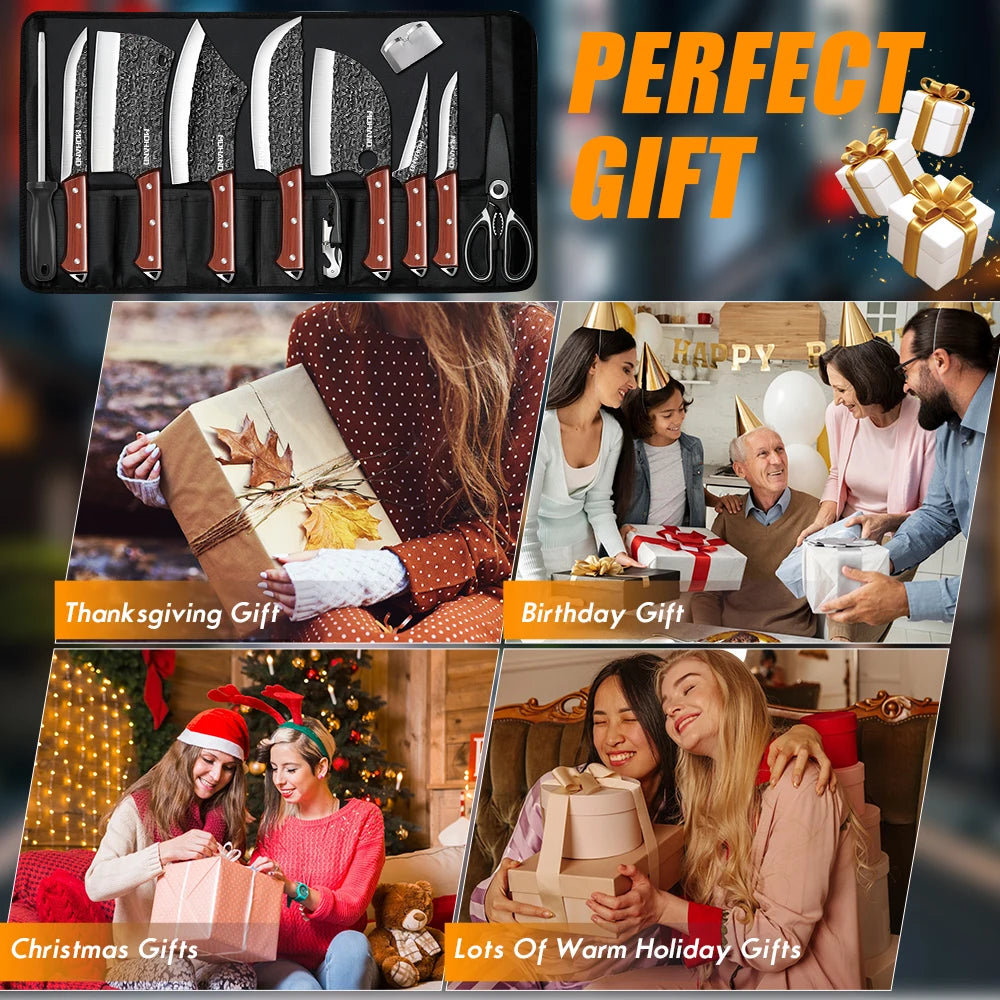 ZENG 14pcs Kitchen Knives Set Cleaver Meat Cut Steak Fillet Fish Knife Butcher Boning Hand Forged Blade with Sharpener