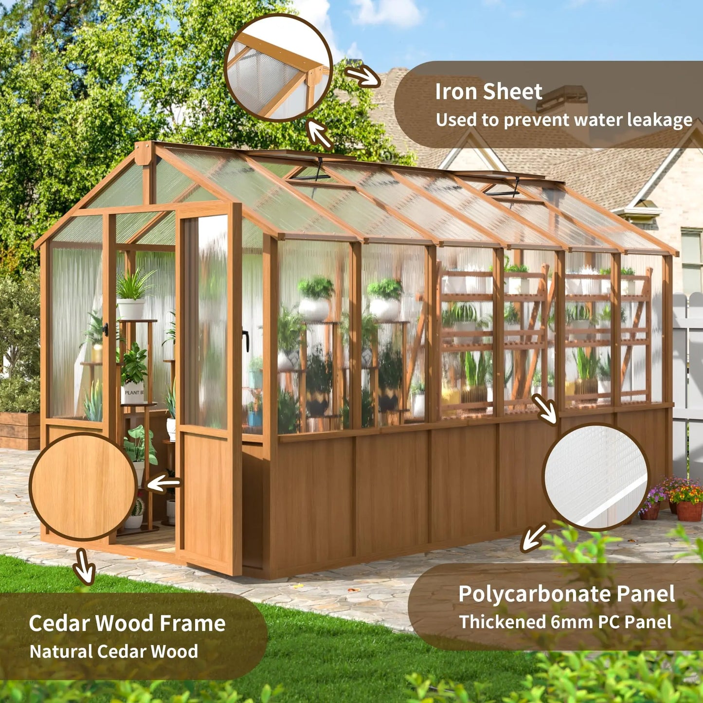 VIWAT Wooden Greenhouse With UV Roof Protection For Backyard