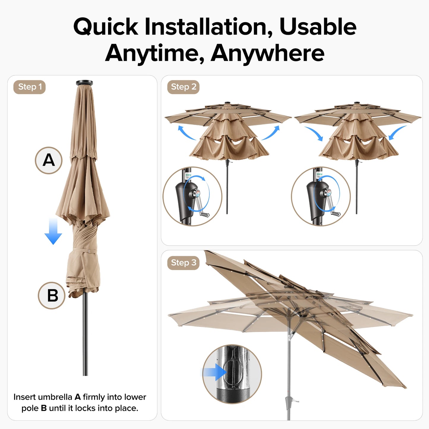JHK 3-Tier Outdoor Patio Umbrella With 32 LED Lights