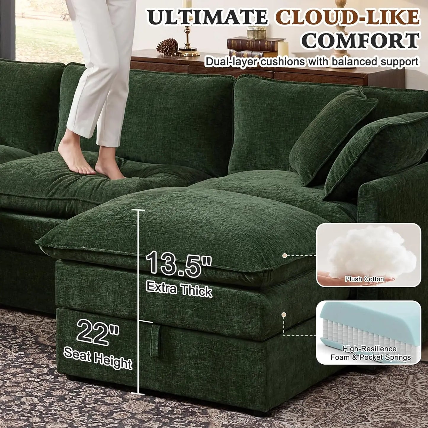 Modular Sectional Sofa With Storage L Shaped Chenille Movable Ottoman