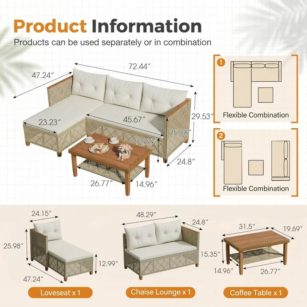 Wicker Patio Furniture Set 3 Pieces Outdoor Sofa Tufted Pillow