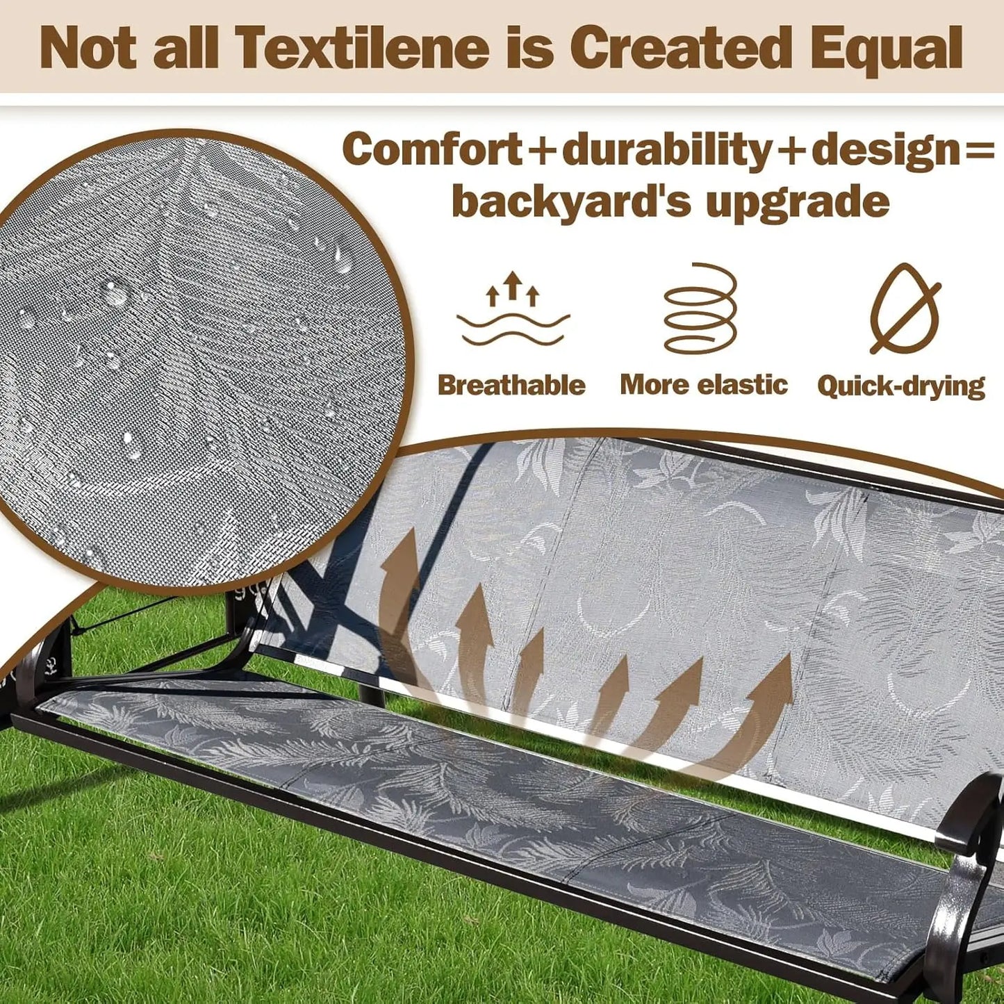 Three-Seat Patio Swing Chair With Adjustable Canopy Textilene Cup Holders