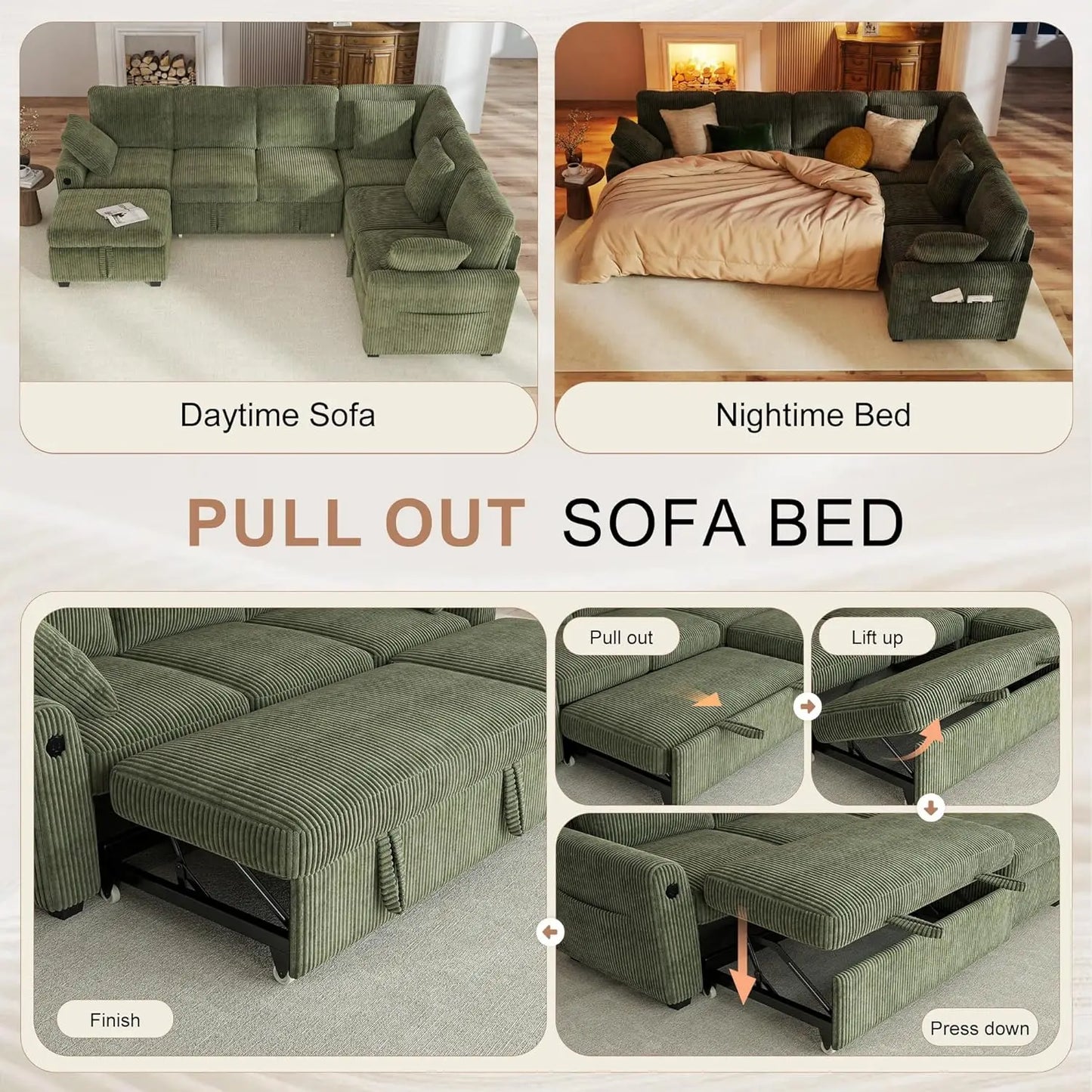 Corduroy L-Shaped Sectional Sofa With Pull-Out Bed Storage USB Charging