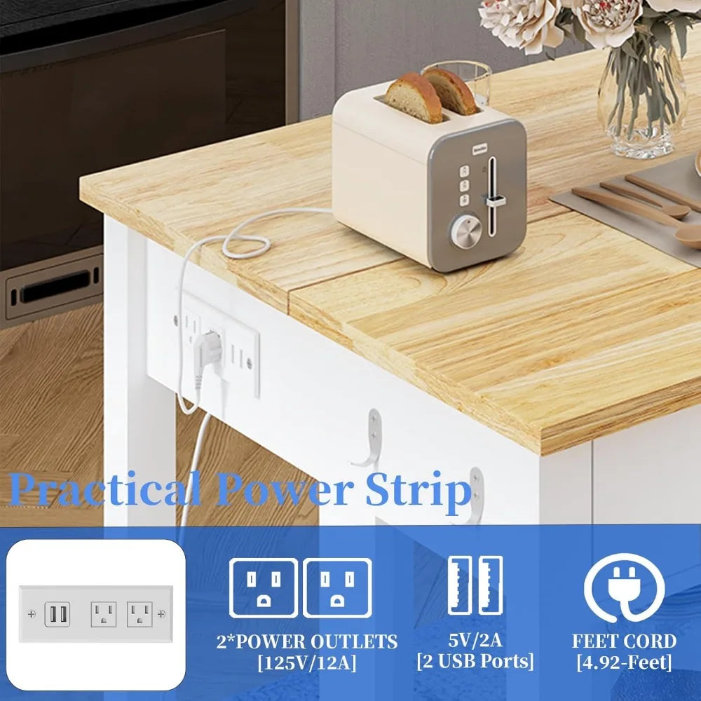 DAFIFY Solid Rubberwood Kitchen Island With Power Outlets