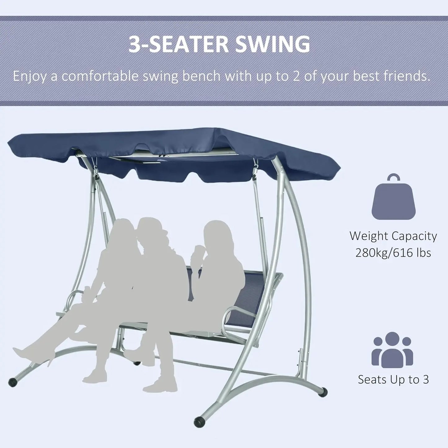 3-Seat Outdoor Porch Swing Chair, Patio Glider with Adjustable Canopy, Breathable Seat, and Steel Frame , Customized
