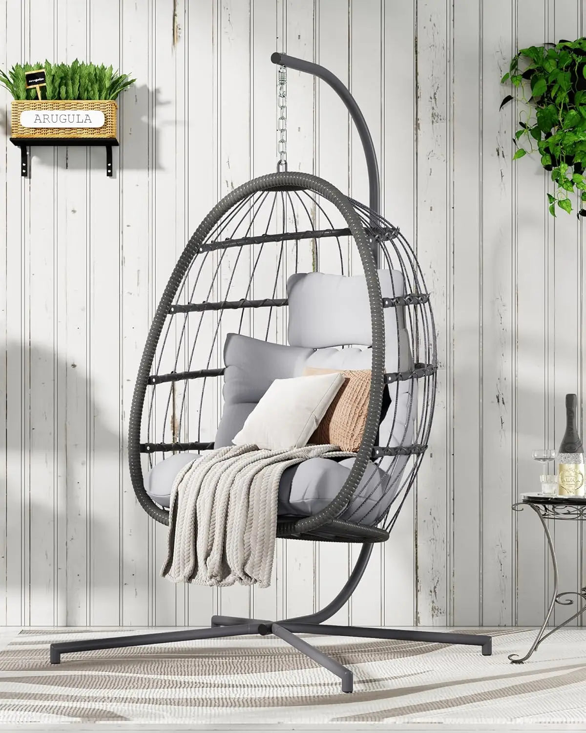 Hanging Egg Chair With Stand Outdoor Patio Wicker Swing Cushion