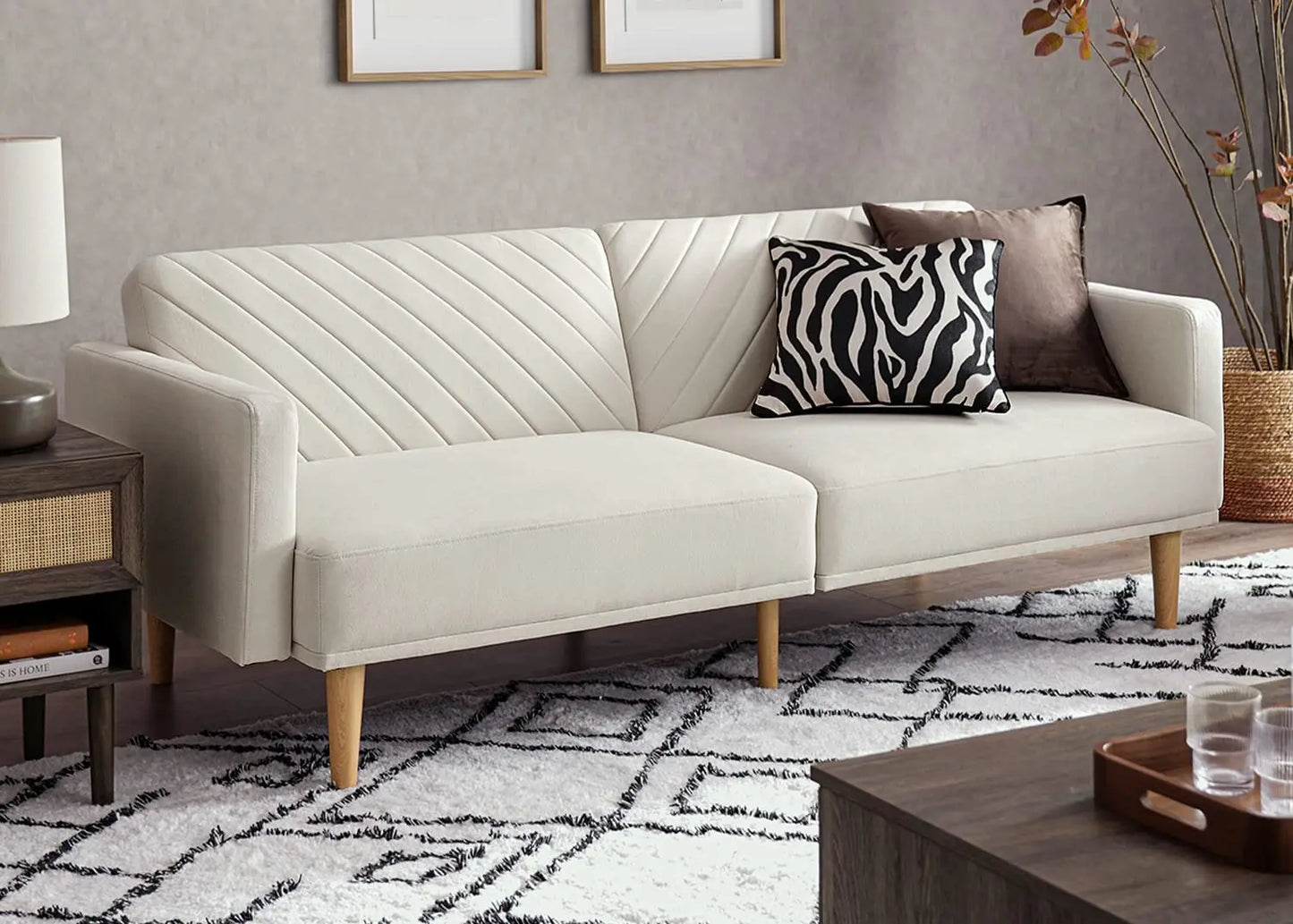 Mid Century Futon Sofa Bed PU Leather Loveseat Wood Frame