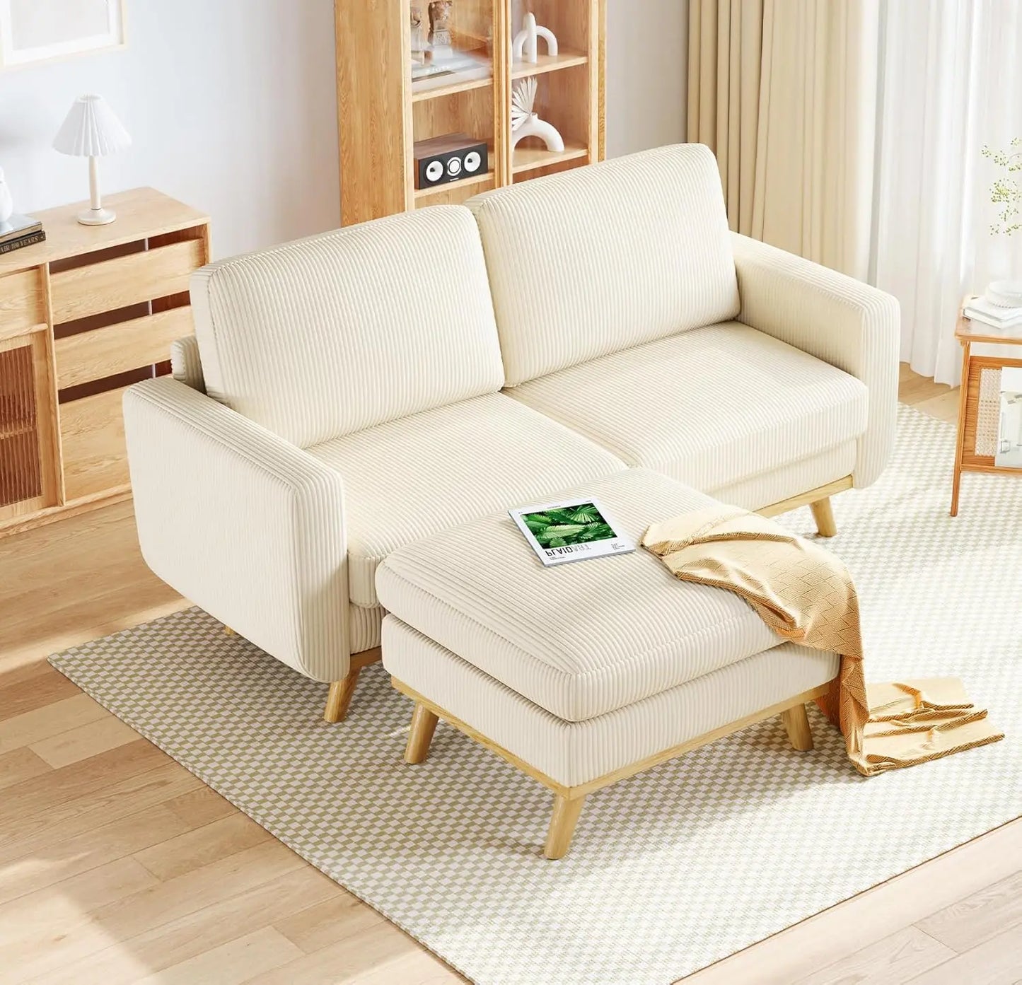 HUANZHUANG Modern Loveseat Sofa Corduroy Fabric Wood Frame Spring Cushion