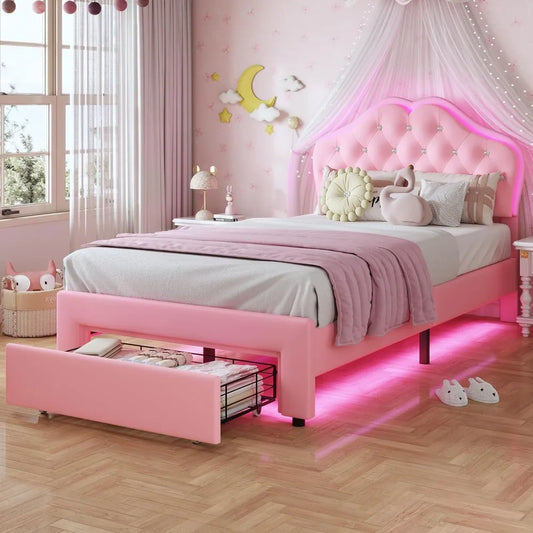 Twin Size Girl Bed with Storage Drawer & LED Lights, Upholstered Platform Bed, Adjustable Headboard with Velvet Crystal Button P