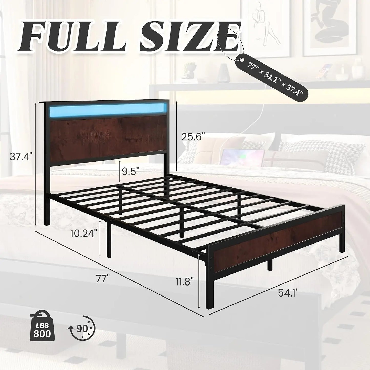 Bed Frame With Headboard And Footboard With USB Charging And LED Light