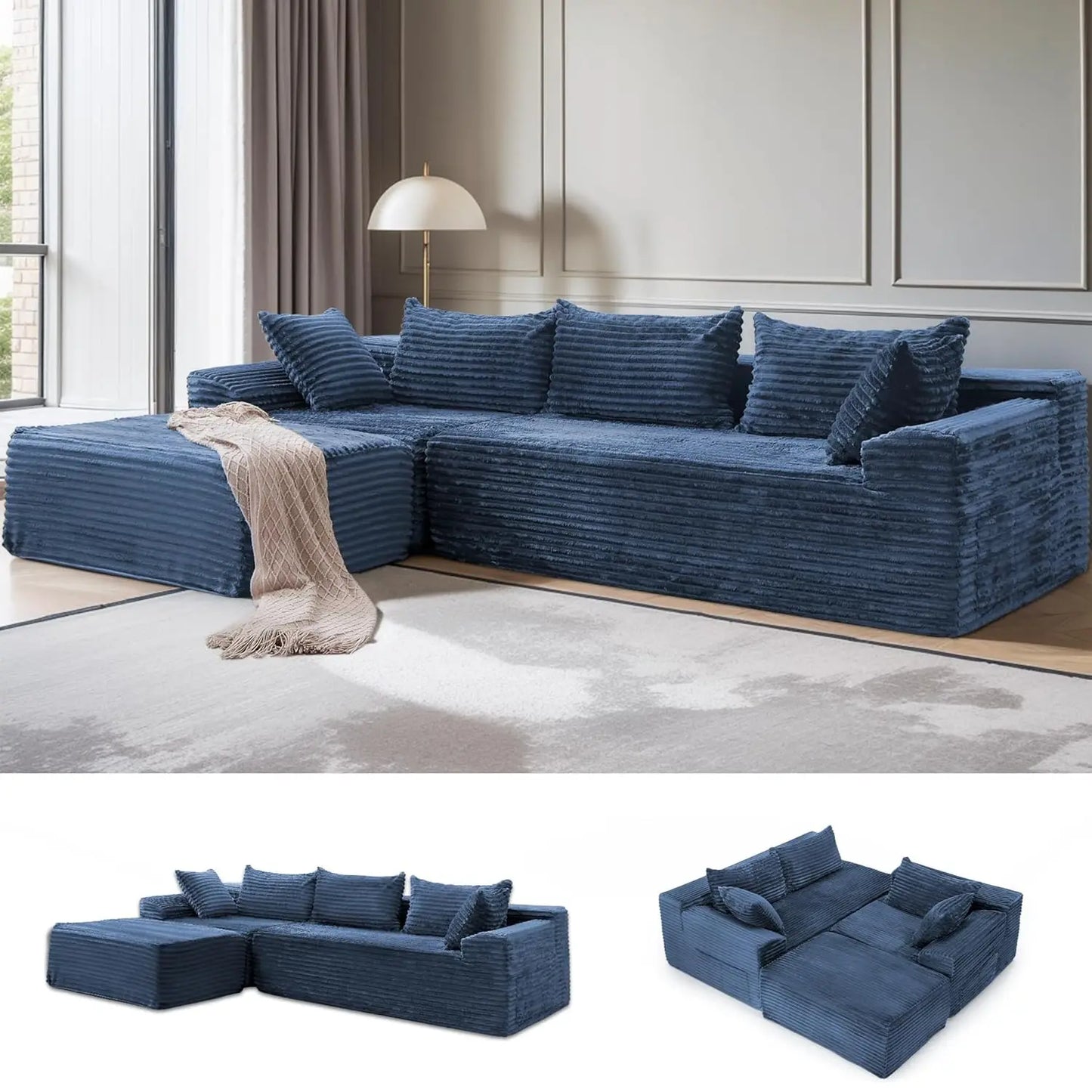 Modular Sectional Sofa L-Shape Chaise Cloud Couch Living Room Corduroy