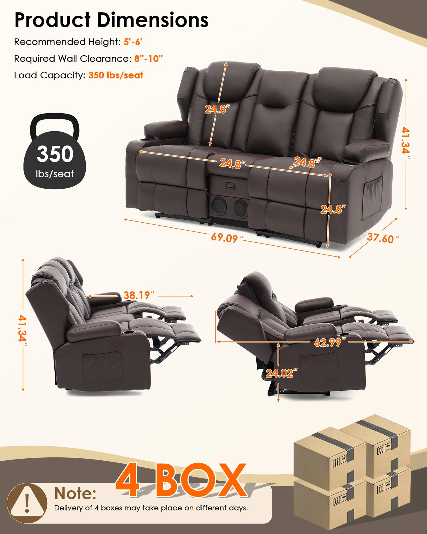 Redlife Loveseat Recliner Sofa With Console Heating Massage