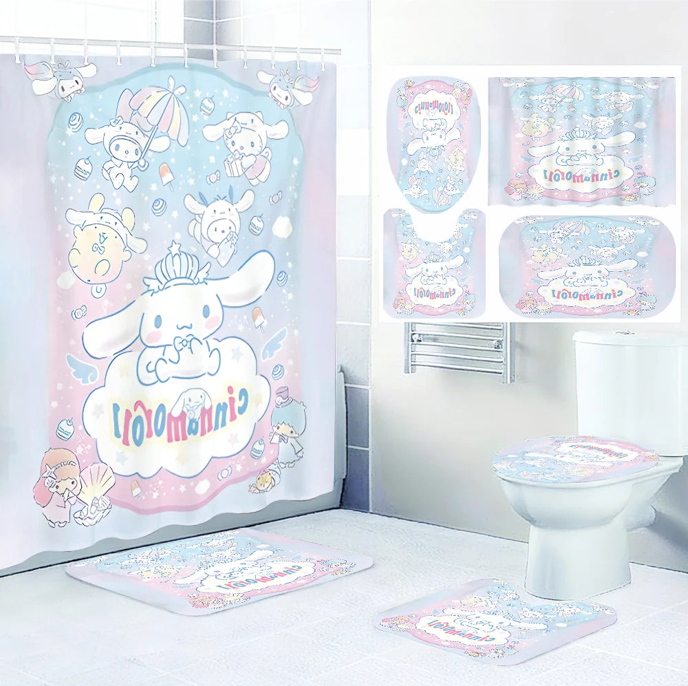 Sanrio Cinnamon Dog Bathroom Four-piece Set - Avant-garde Waterproof Shower Curtain, creating a complete bathroom kit