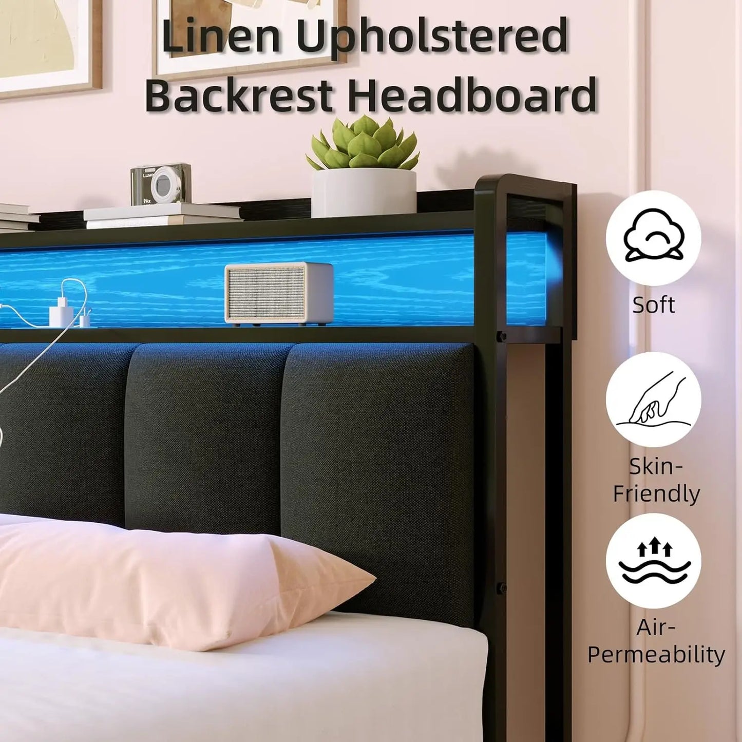 Full Size Metal Bed Frame With LED Lights And Charging